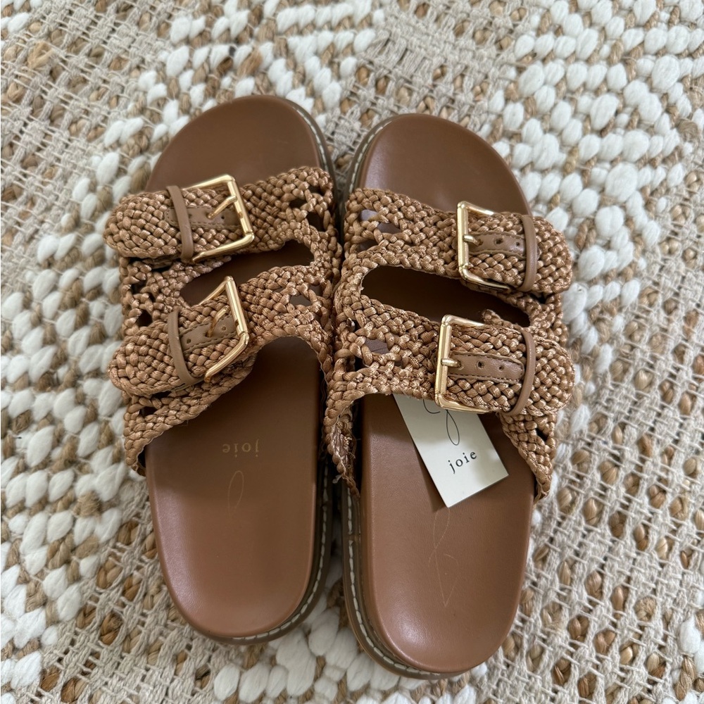 Joie Tan Woven Slides with Gold Accents